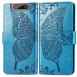 Wewoo Housse Coque Étui en cuir à rabat horizontal Butterfly Love Flowers gaufrage pour Galaxy A80 / A90avec porte-cartes et porte-cartesainsi que portefeuille et lanière bleu