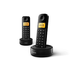 Philips D1602B / 01- Téléphone DECT sans fil avec 2 combinés, grand écran (4,1 cm) et identification de l'appelant - Noir