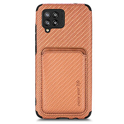 Coque en TPU antichoc, texture en fibre de carbone, magnétique avec porte-carte marron pour votre Samsung Galaxy A22 4G (EU Version)