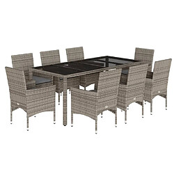 vidaXL Ensemble à manger de jardin et coussins 9 pcs gris rotin verre