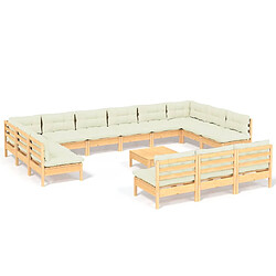 vidaXL Salon de jardin 14 pcs avec coussins crème Bois de pin solide