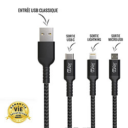 Acheter Jaym - Cable Premium 1,5 m - USB-A vers 3 Sorties : Lightning, Type-C et Micro USB - Garanti à Vie - Ultra renforcé - Longueur 1,5 mètres