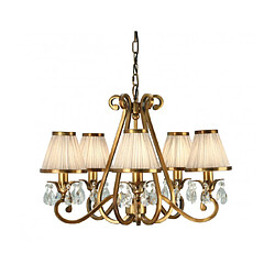 Interiors 1900 Chandelier Oksana, laiton antique, gouttes cristal, 5 abat-jours beiges