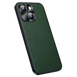 Coque en TPU + cuir véritable texture litchi avec cadre d'appareil photo pour votre iPhone 14 Plus - vert