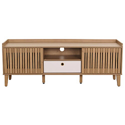 Acheter Mendler Meuble TV HWC-M48, Buffet TV, porte coulissante en bois massif de manguier 56x150x40cm ~ naturel, tiroir blanc