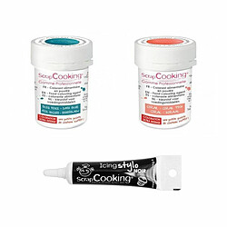 Scrapcooking 2 colorants alimentaires corail-bleu foncé + Stylo glaçage noir