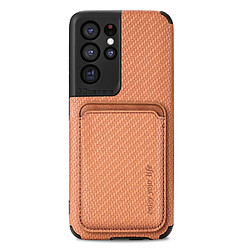 Coque en TPU + PU texture en fibre de carbone avec porte-carte marron pour votre Samsung Galaxy S21 Ultra 5G