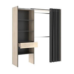 Avis Pegane Armoire dressing extensible avec rideau + 1 tiroir coloris naturel/graphite - Longueur 110-160 x Hauteur 203 x Profondeur 50 cm