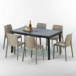 Grand Soleil Table rectangulaire et 6 chaises Poly rotin colorées 150x90cm noir Enjoy, Chaises Modèle: Rome Beige Juta