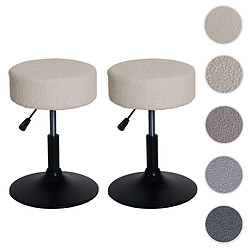 Mendler Lot de 2 tabourets HWC-C22, tabouret de maquillage, réglable en hauteur pivotant Ø 37cm Tissu Bouclé 450g/m² MVG ~ crème-blanc