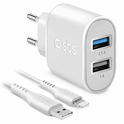 SBS Chargeur Mural Blanc Chargeur mural plug and play - 2 ports USB + Lightning - Ampérage 2.1A - Couleur blanche