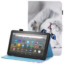 Etui en PU anti-chute, antichoc, fermeture magnétique avec support et porte-cartes pour Amazon Fire HD 8 (2016)/(2017)/(2018) - chat blanc