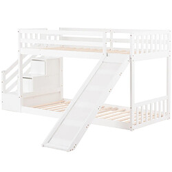 Acheter LBF Lit Superposé 90x200cm Lit Enfant avec 2 Tiroirs dans L'escalier Lit Mezzanine avec Protection Antichute Et Toboggan Lit D'adolescent Structure en Bois De Pin Massif Lit Au Sol Blanc