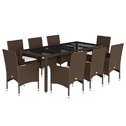 vidaXL Ensemble à manger de jardin et coussins 9pcs marron rotin verre