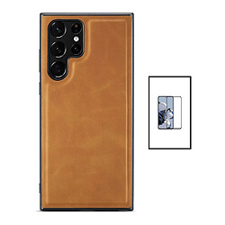 PHONECARE Kit Coque MagneticLeather + Film Verre Trempé 5D Full Cover pour Samsung Galaxy S22 Ultra - Brun