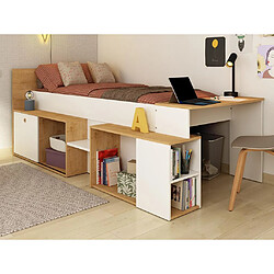 Vente-Unique Lit combiné 90 x 200 cm avec bureau et rangements - Blanc et naturel + Sommier + Matelas - PALOMA