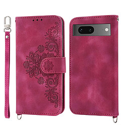 Etui en PU motif de fleurs avec fentes pour cartes et bandoulière pour votre Google Pixel 7 5G - rouge vin