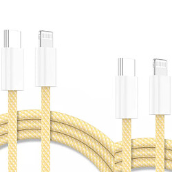 Cables X2 Type-C Charge Rapide 3A Nylon Renforce Jaune 1m Pour iPhone 8 / X / XR / 11 / 12 / 13 / SE 2022 Little Boutik®