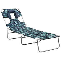 Helloshop26 Transat chaise longue bain de soleil lit de jardin terrasse meuble d'extérieur avec coussin de tête acier motif de feuilles 02_0012444