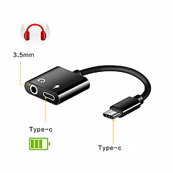 Adaptateur pour casque audio 2 en 1 de type c à 3,5 mm, câble de chargeur, noir