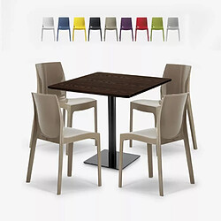 Grand Soleil Ensemble Table Bois Métal 90x90cm Horeca et 4 Chaises Empilables Bar Restaurant Yanez - Beige