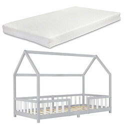 Lit d'enfant Forme Maison Sisimiut avec Matelas à Mousse à Froid 200 x 90 cm Gris Clair Blanc [en.casa]