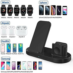 Chrono Chargeur sans fil, station de charge sans fil 3 en 1, support de chargeur rapide 15 W, pour AirPods, série Apple iWatch, support de chargeur sans fil pour iPhone 12/11/11pro/X/XS/XR/Xs Max/8/8 Plus,(noir)