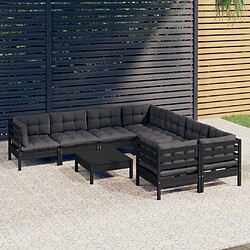 vidaXL Salon de jardin 9 pcs avec coussins Noir Bois de pin