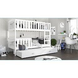 Kids Literie Lit Superposé 3 Places Teo 90x190 Blanc - blanc Livré avec sommiers, tiroir et matelas en mousse de 7cm