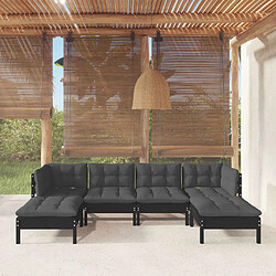 vidaXL Salon de jardin 6 pcs avec coussins Noir Bois de pin