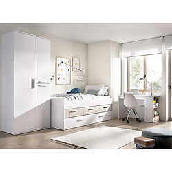 Pegane Ensemble de lit + armoire + bureau coloris imitation lamelles, blanc