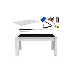 Jardindeco Billard convertible table 6 personnes Texas + plateaux dinatoires + pack accessoires Confort blanc laqué et noir (tapis)