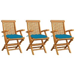 vidaXL Chaises de jardin avec coussins bleu clair lot de 3 Teck massif