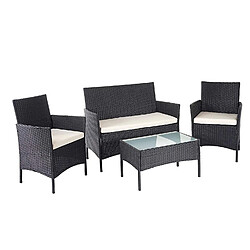 Decoshop26 Salon de jardin avec fauteuils banc et table en poly-rotin noir et coussin crème MDJ04145