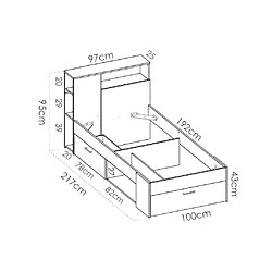Vente-Unique Lit avec tête de lit rangements et tiroir - 90 x 190 cm - Anthracite et naturel - LEANDRE pas cher