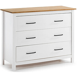 Pegane Commode en pin massif décor ciré blanc et chêne, meuble de rangement - Longueur 100 x Profondeur 40 x Hauteur 80 cm