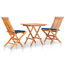 vidaXL Ensemble de bistro 3 pcs avec coussins bleu royal Bois de teck