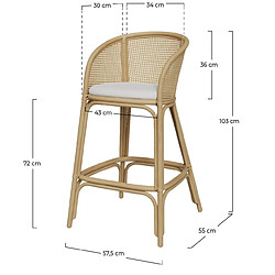 Rendez Vous Deco Chaise de bar Mélana en rotin et tissu crème 72 cm