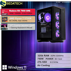 Sedatech Pack PC Gamer ATX Compact • AMD Ryzen 7 5700X • RX 7900 GRE • 32Go RAM • 2To SSD M.2 • Windows 11 • Moniteur 27''