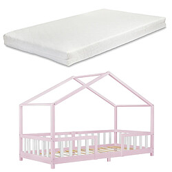 Lit d'enfant Treviolo Forme Maison avec Matelas à Mousse à Froid 200 x 90 cm Rose Blanc [en.casa]