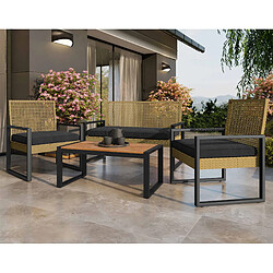 Bestmobilier Bayamo - salon bas de jardin 4 places - métal, bois, poly rotin et coussins noirs