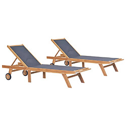 Maison Chic Bain de soleil,Lot de 2 Chaises longues pliables avec roulettes Teck et textilène -GKD95014