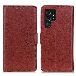 Etui en PU texture litchi marron pour Samsung Galaxy S22 Ultra