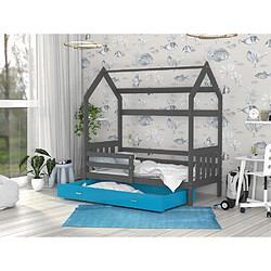 Kids Literie Lit Cabane 2 80x160 Gris - bleu Livré avec sommiers, tiroir et matelas en mousse de 7cm