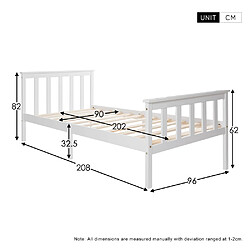 Acheter KOMHTOM Lit Simple Enfant En Bois Massif 90 X 200 cm - Cadre De Lit Avec Sommier À Lattes - Blanc