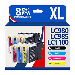 123CONSOMMABLES - LC1100 LC980 LC985 - Pack 8 cartouches compatibles avec Brother DCP-195C DCP-585CW DCP-385C DCP-375CW MFC-990CW MFC-6490CW MFC-490CW MFC-5890CN MFC-J615W