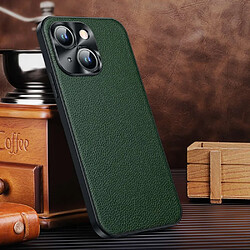 Coque en TPU + cuir véritable texture litchi avec cadre d'appareil photo pour votre iPhone 14 Plus - vert