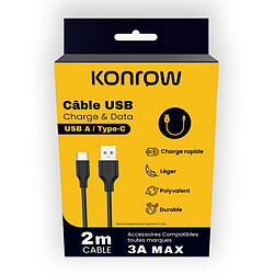 Konrow KCATCPB2 - Câble USB Type C vers Type A (2m, Noir) - Emballage Original