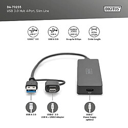 DIGITUS Slim Line 4 Port USB 3.0 Hub - 4X USB-A - 1x USB-C Prise d'alimentation - jusqu'à 5 Gbps - INCL. Adaptateur USB-A vers USB-C - Longueur de câble 0,2m - Noir pas cher