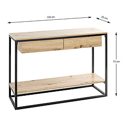 Pegane Meuble console, table console avec 2 tiroirs en bois coloris chêne et métal noir -longueur 100 x profondeur 35 x hauteur 75 cm